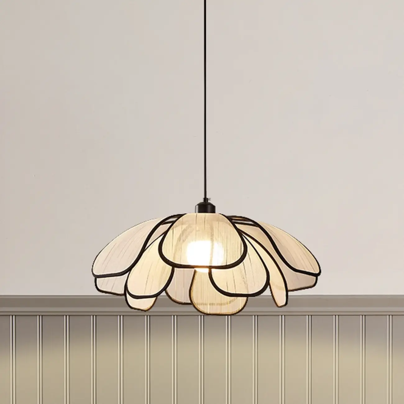 Adjustable Fabric Beige Geometric Pendant Light for Kitchen