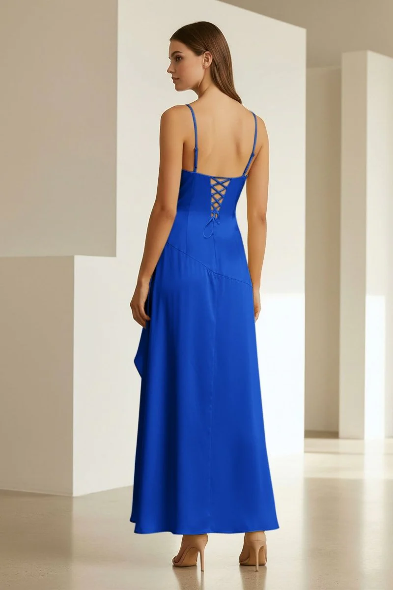 Royal Blue - Spaghetti Straps Sheath Satin High Low Prom Dresses With Ruffles