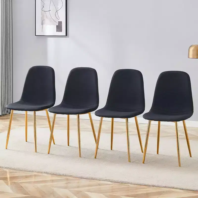 MAYEERTY Set of 4 Luxury Simple Dining Chairs Black Linen Cotton Gold Metal Legs Fits Diverse Decor
