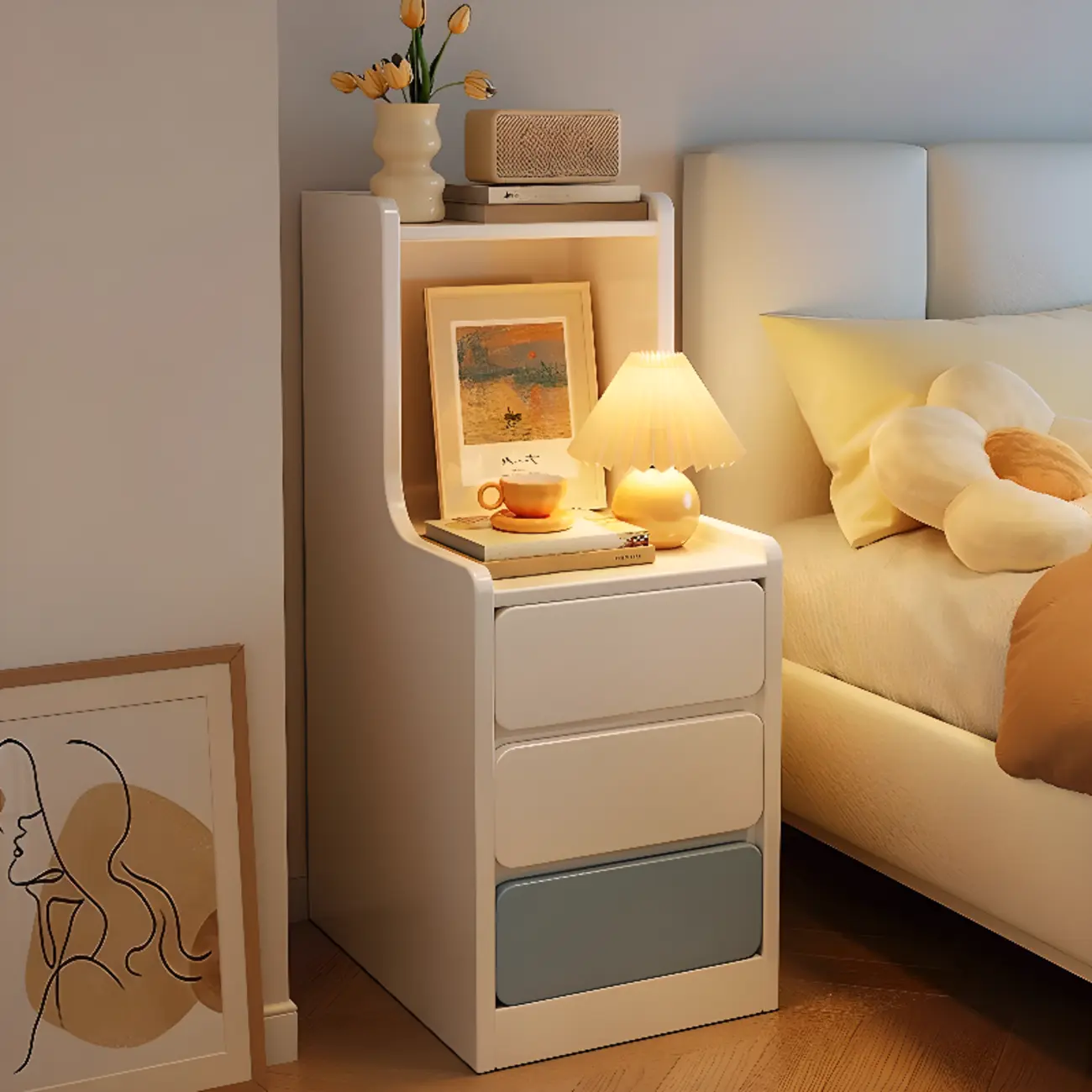 Modern Bedside Table with Drawers - White Nightstand