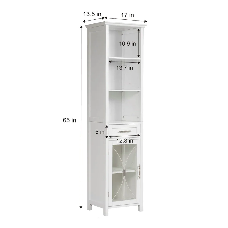 Home Delaney Freestanding Linen Tower with Open Shelves, Drawer, Cabinet - 13.5L x 17W x 65H