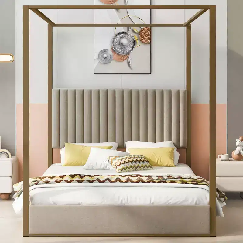 Queen/King Size Upholstered Canopy Platform Bed with Headboard and Metal Frame - ModernLuxe