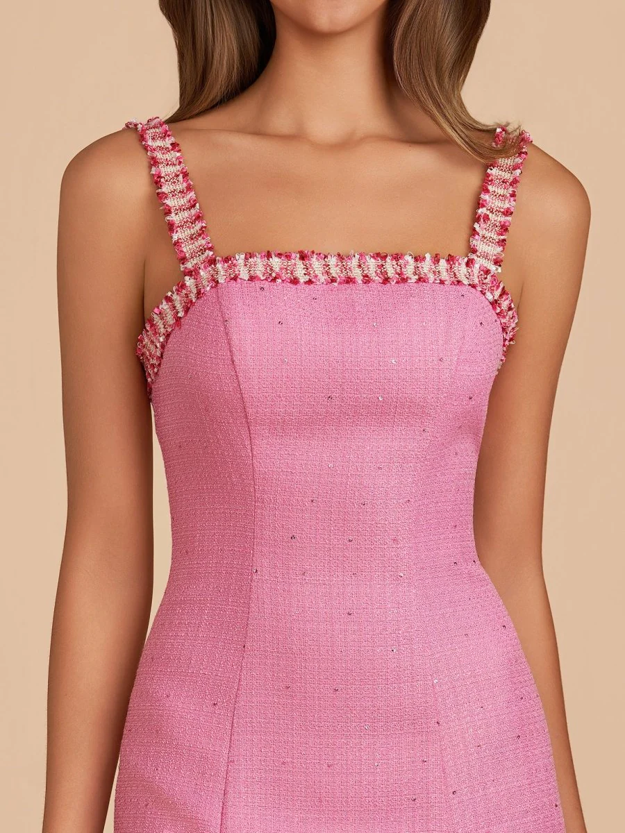 Pink - Spaghetti Straps Beaded Sheath Homecoming Dress With Bows