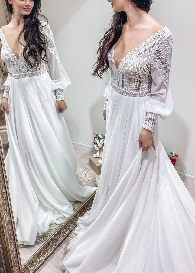 Bohemian Chiffon Backless A-Line Lace Long Sleeves Backless Wedding Dresses