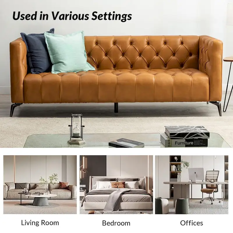 Transitional Genuine Leather Sofa with Metal Legs and Tufted Back