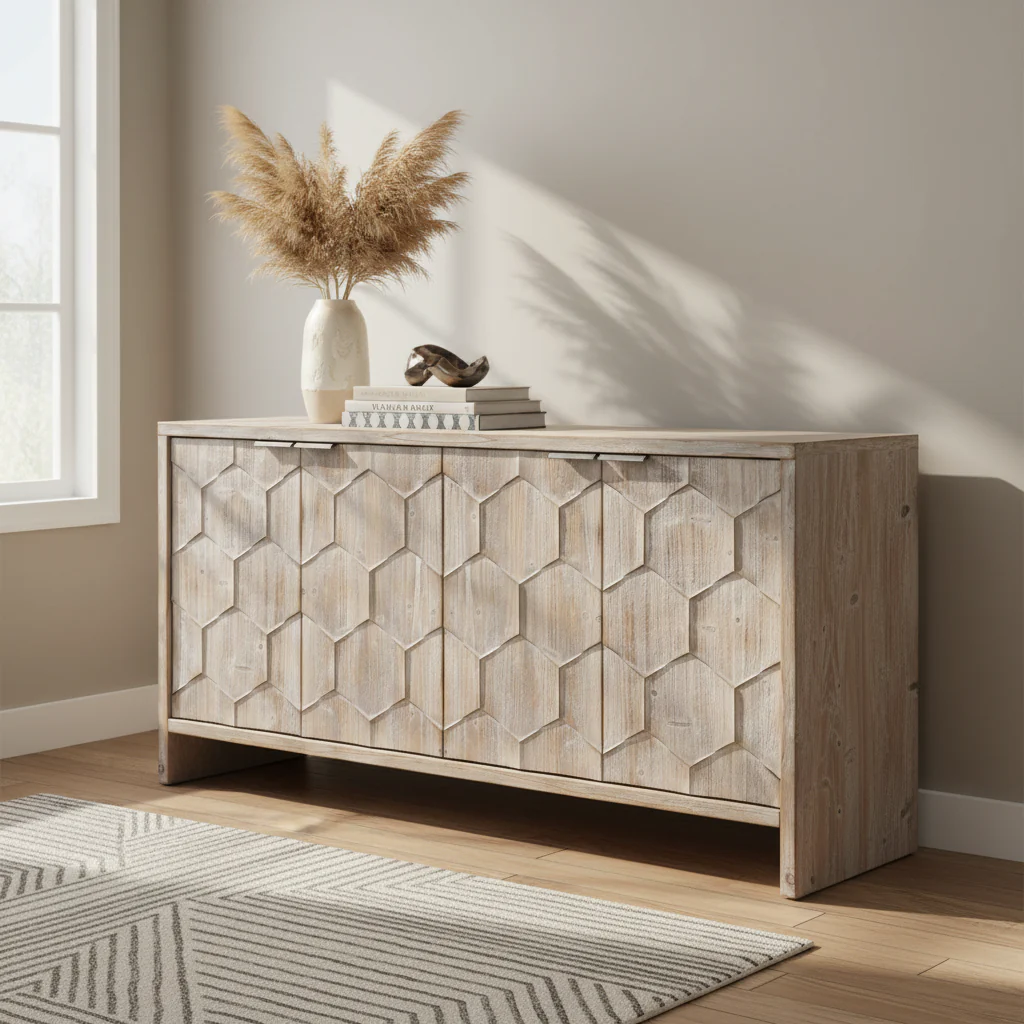 Farmhouse Style 4 Door Wooden Sideboar for Living Room