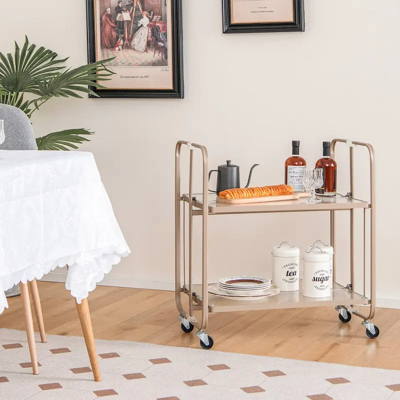 2-Tier Mobile Serving Cart with Tempered Glass Shelf-Golden - 26 x 16 x 28.5