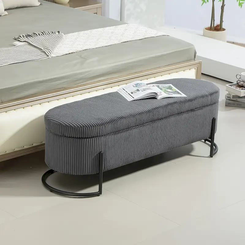 Dark Gray / Orange / Pink / Beige / Emerald / Black Velvet Storage Bench with Safety Hinge & Metal Legs – Single