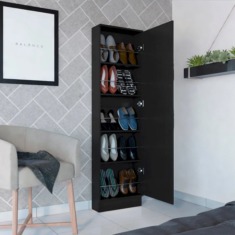 Black/White Single-Door Shoe Cabinet with Mirror & 5 Interior Shelves, Holds Up to 10 Pairs