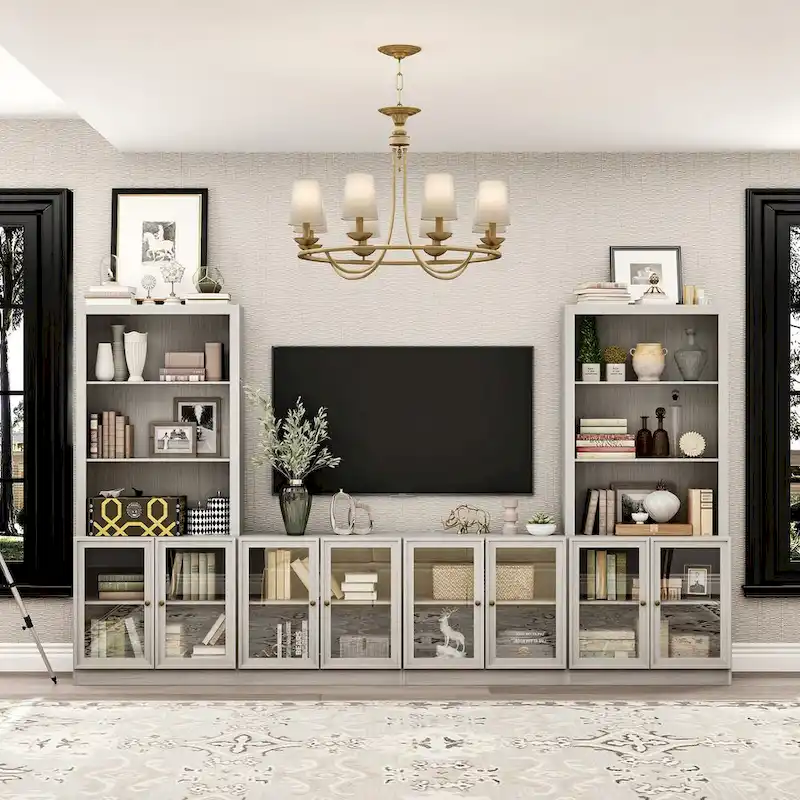 Home Media Center Sleek Design with Ample Shelving and Glass Accents