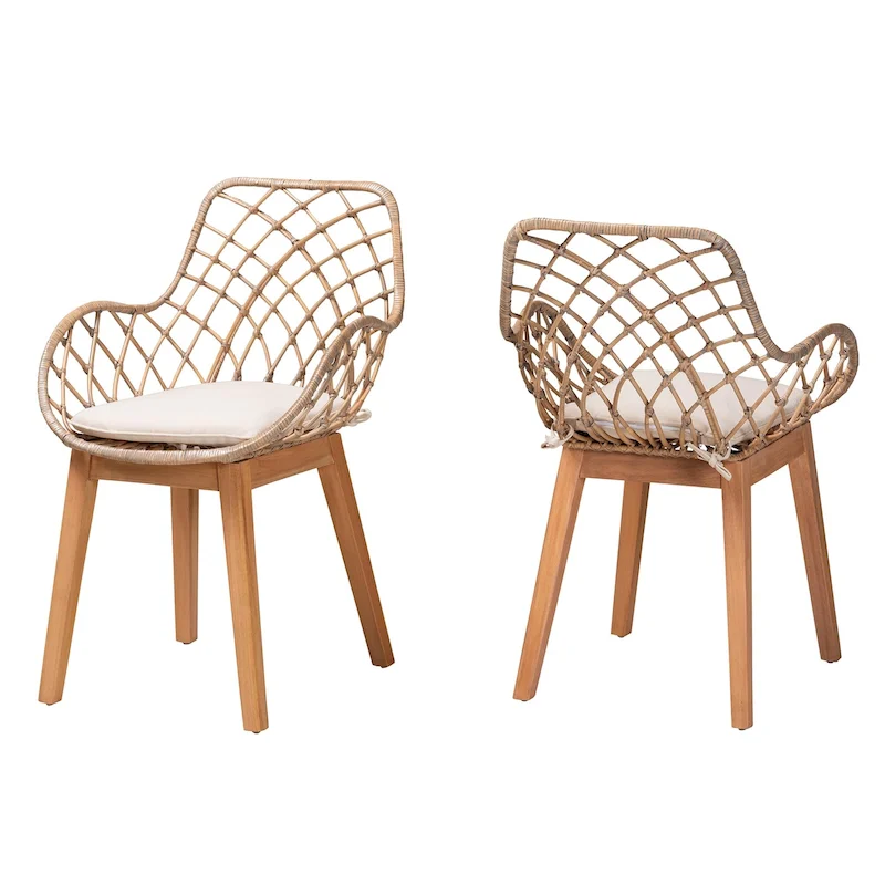 Greywash / Natural Brown / White Rattan Bohemian Dining Chair, Set of 2