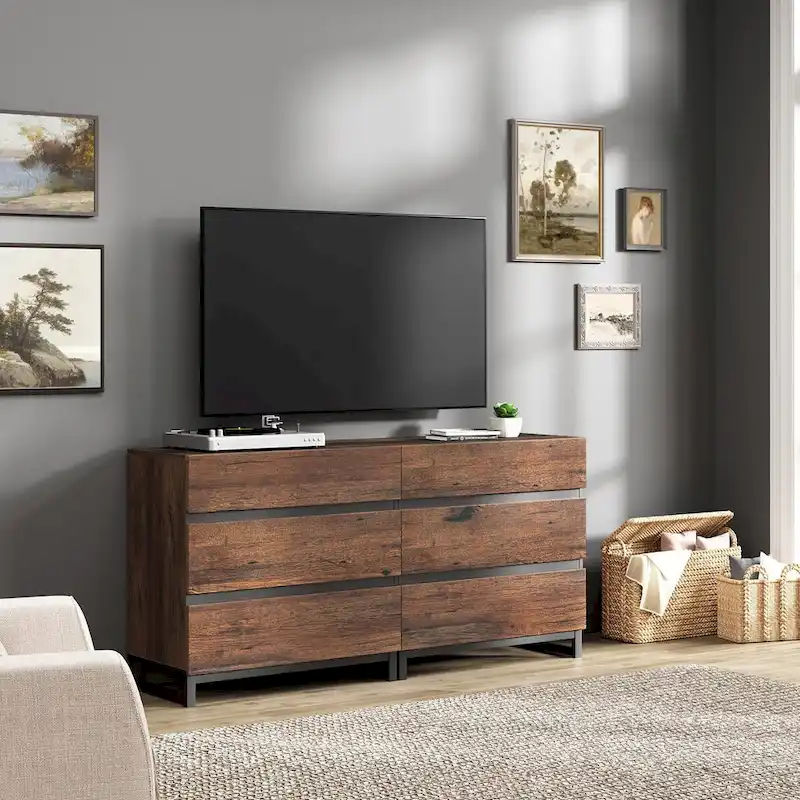 Brown TV Stand with 6 Drawers, Fits TVs up to 70