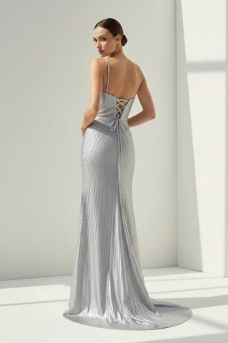 Silver V Neck Mermaid Satin Beaded Long Formal Prom Dresses With Slit