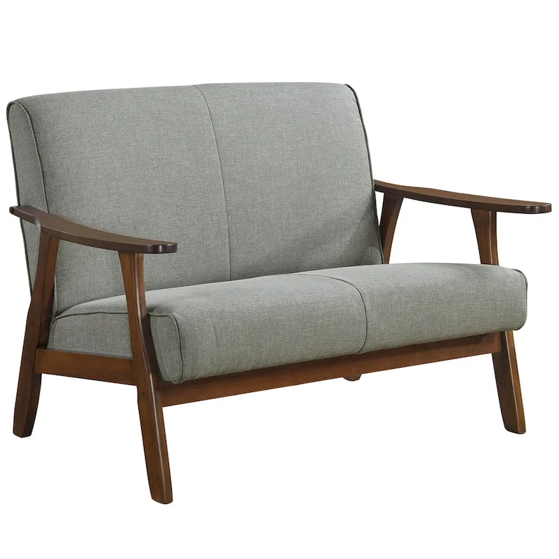 Mid-Century Modern Loveseat 2-Seater Sofa with Wooden Arms - Light Gray Linen Upholstery 46.69