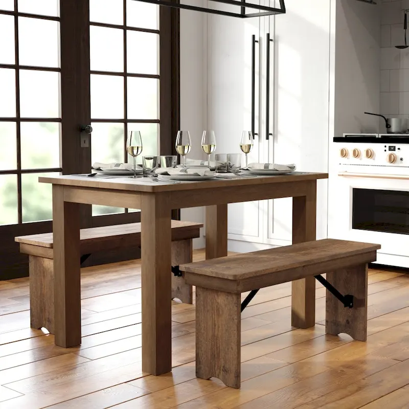 Antique Rustic / Black Wash / Light Natural Rectangular Solid Pine Dining Table, Seats 4