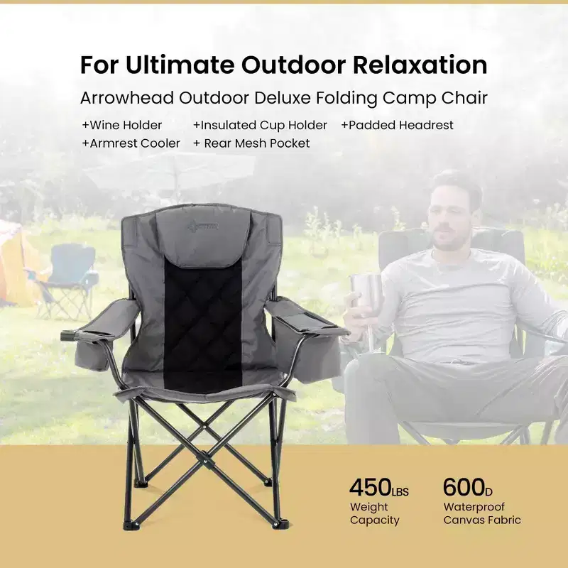 Arrowhead Outdoor Portable Folding Camping Quad Chair w/ 6-Can Cooler, Heavy-Duty Carrying Bag, Supports up to 450lbs (Granite Grey)