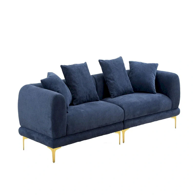 Fabric Sofa with Recessed Arms & Metal Legs – Blue / Beige, Mid-Century Modern, Seats 4