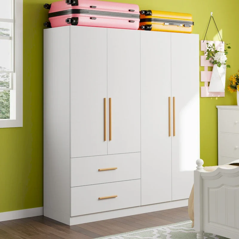 White MDF Freestanding Armoire Wardrobe Cabinet with Drawers & Dual Sections – Single