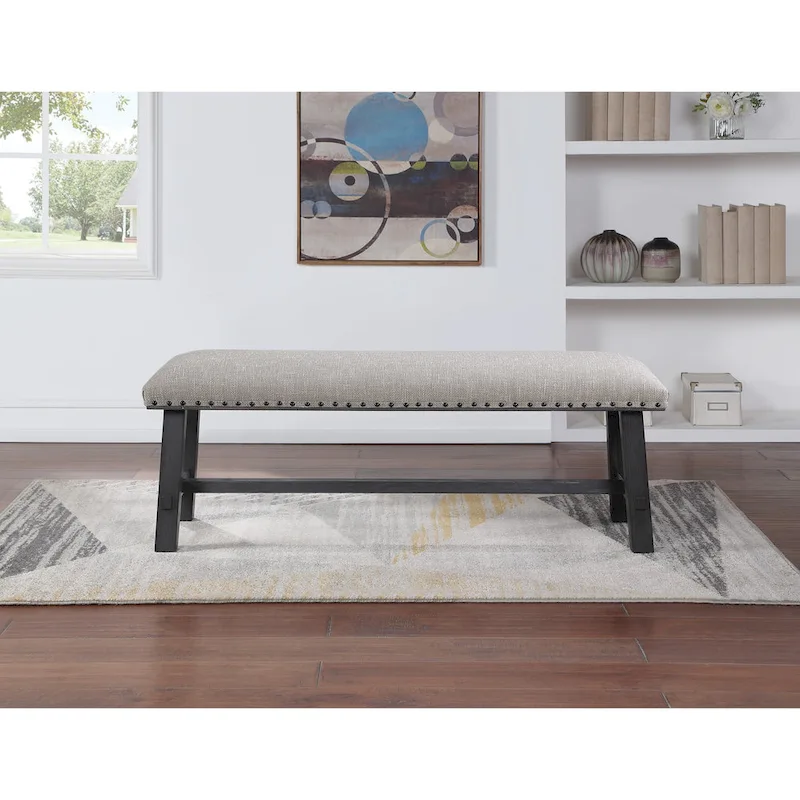 Home and Office Furniture Bench with Antique Grey Frame and Antique Bronze Nailhead Trim in Grey Fabric