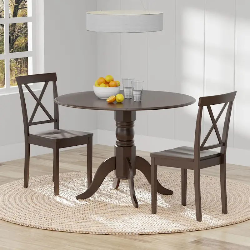 3-Piece Dining Set, 42  Round Drop-Leaf Table and X-Back Chairs