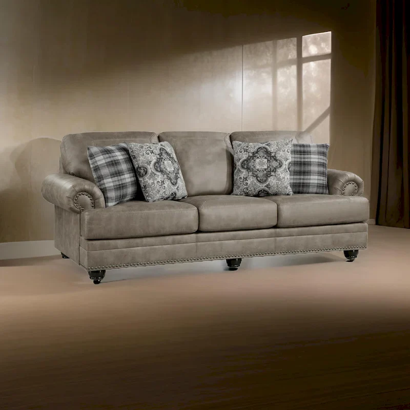Taupe Brown & Espresso Brown 3-Seat Rolled Arm Nailhead Sofa