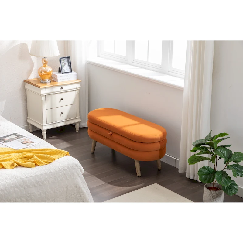 Velvet Fabric Storage Bench With Wood Legs For Living Room Bedroom