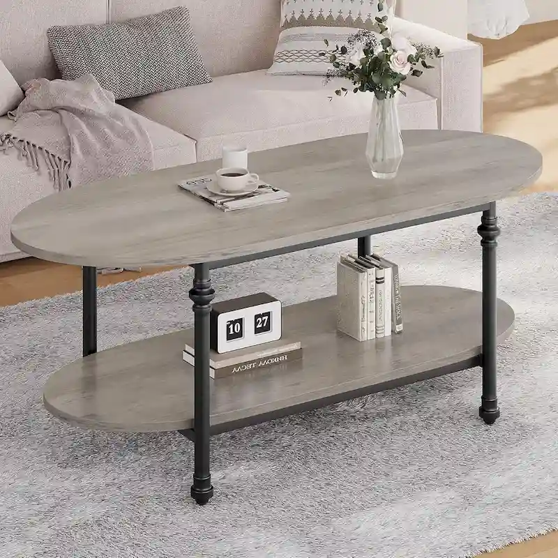 Brown/Grey Oval 2-Tier Coffee Table, 47.2