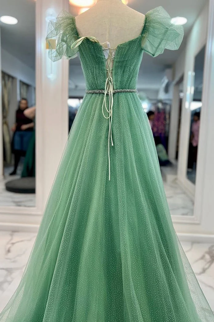 Sea Glass Tulle A-line V Neckline Off-Shoulder Long Prom Dress