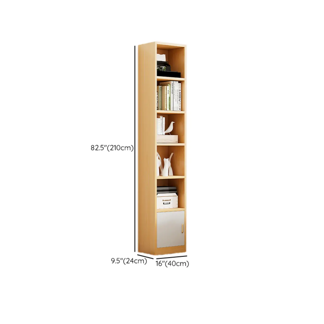 Natural Finish Narrow 6 Shelves Wooden Bookcase with Drawer