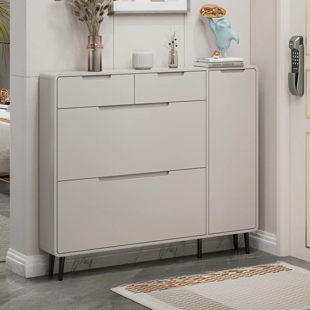 Drop-Front Beige Wood Entryway Shoe Cabinet with 2-Drawer