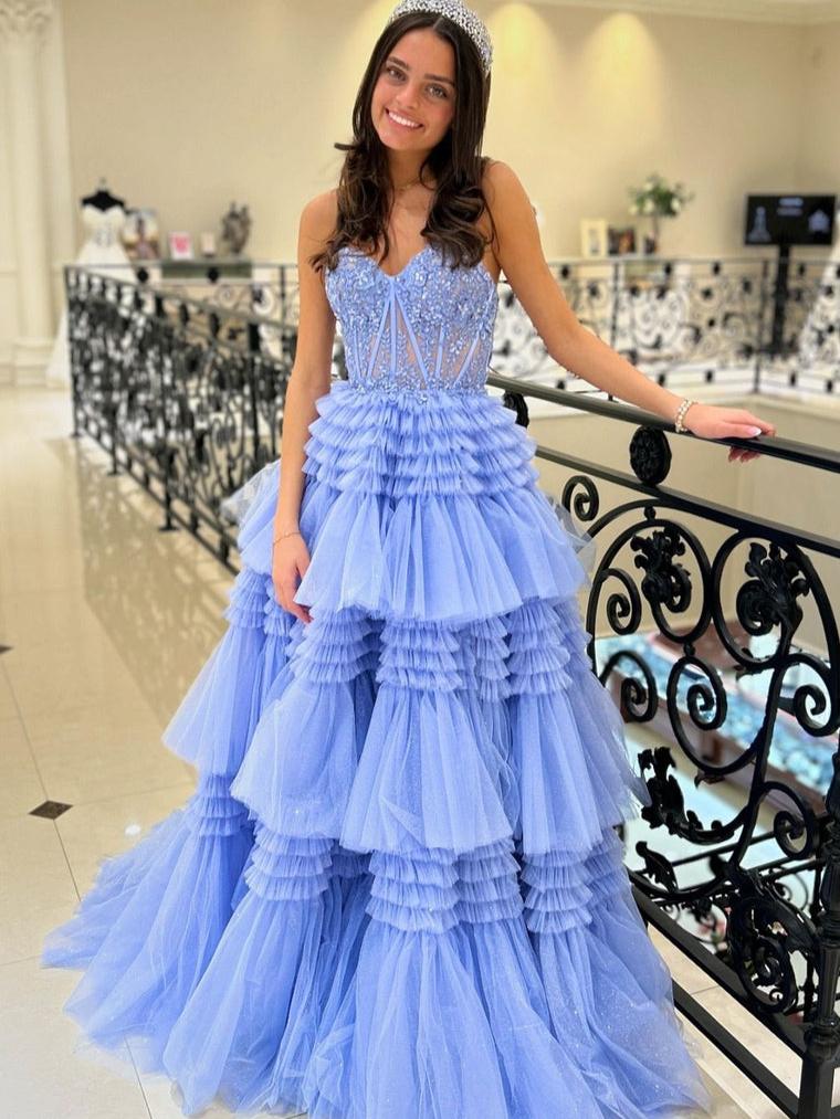 A-Line Sweetheart Tiered Long Tulle Prom Dress