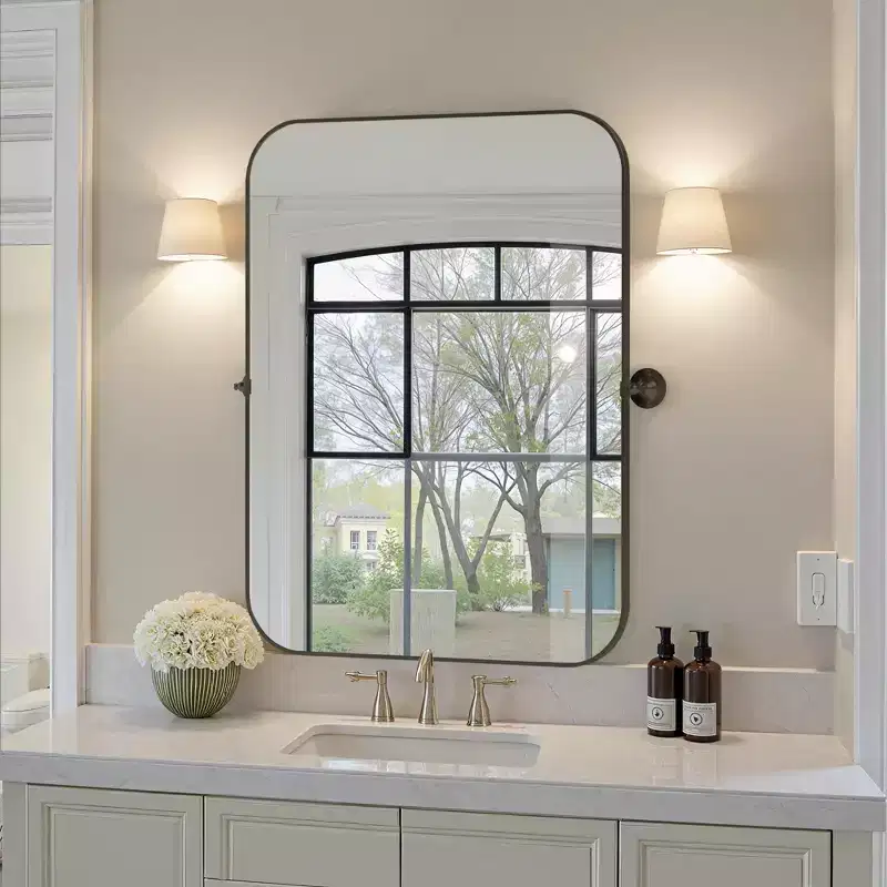 Classic 80cm Black Iron Rectangular Mirror with Rounded Corners, Rotating Hardware, 4cm Depth