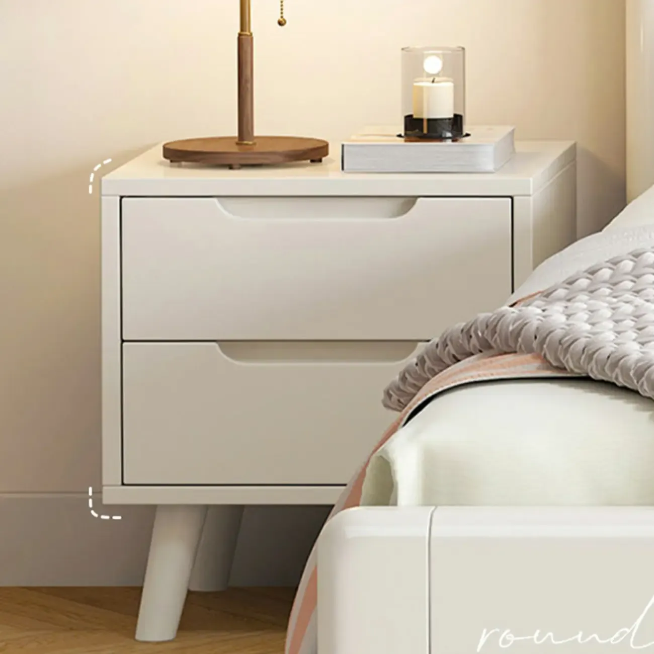 White Rubberwood 2 Drawers Narrow Nightstand with Legs