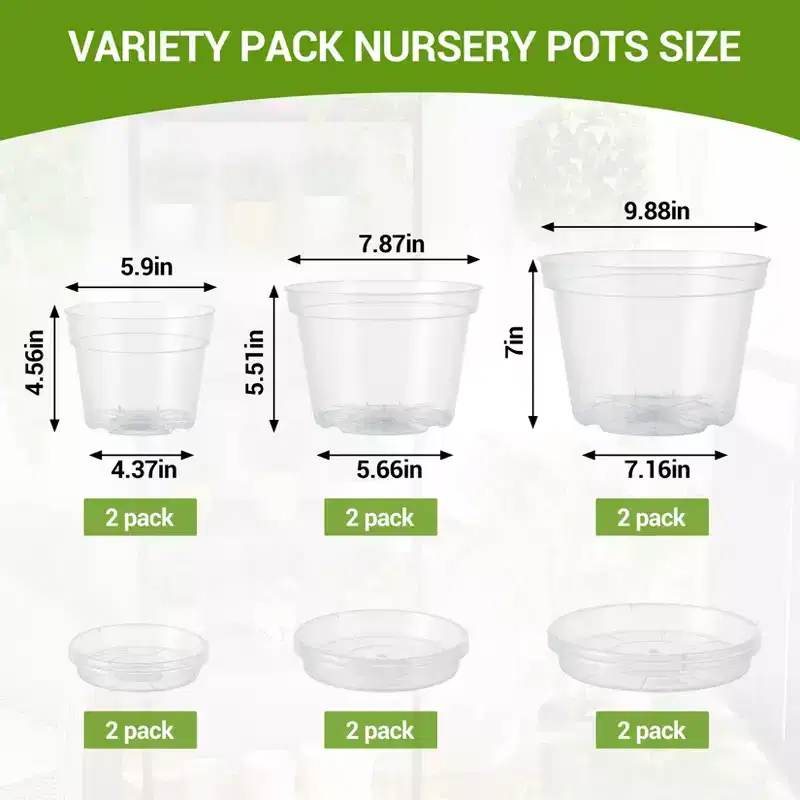6-Pack Clear Plastic Nursery Pots with Drainage Holes - Transparent Planters in 3 Sizes (6/8/10 inch) for Indoor & Outdoor Growing
