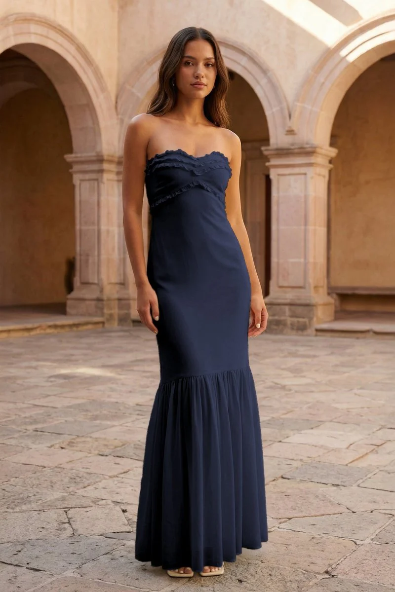 Yellow Strapless Sheath Chiffon Long Prom Dresses With Ruffles