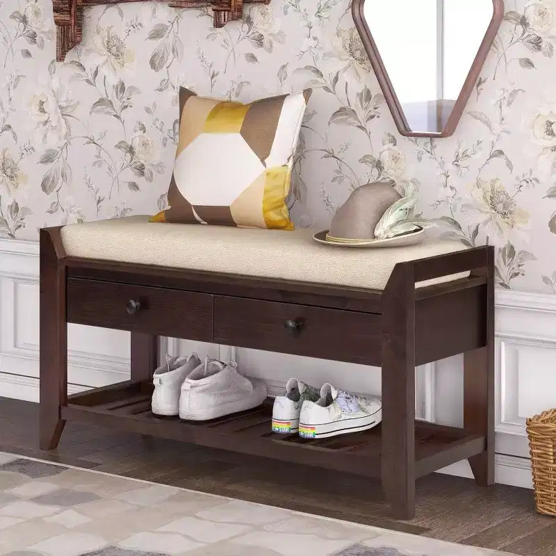 TUYOHW Solid Wood Shoe Storage Bench with 2 Drawers & Cushion,Multipurpose Entryway Organizer with Grid Rack Base,Espresso