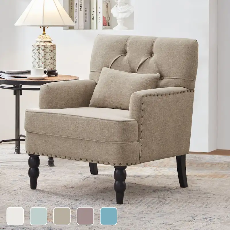 HUIMO Arm Chair Upholstered Button Tufted Accent Chair with Lumbar Pillow Beige/ Grey/ Light Blue/Brown