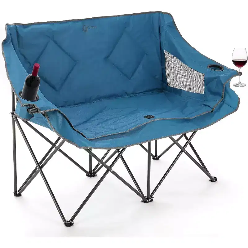 Arrowhead Outdoor Portable Folding Double Duo Camping Chair Loveseat Couch w/ 2 Cup & Wine Glass Holder, Supports up to 500lbs (Ocean Blue)