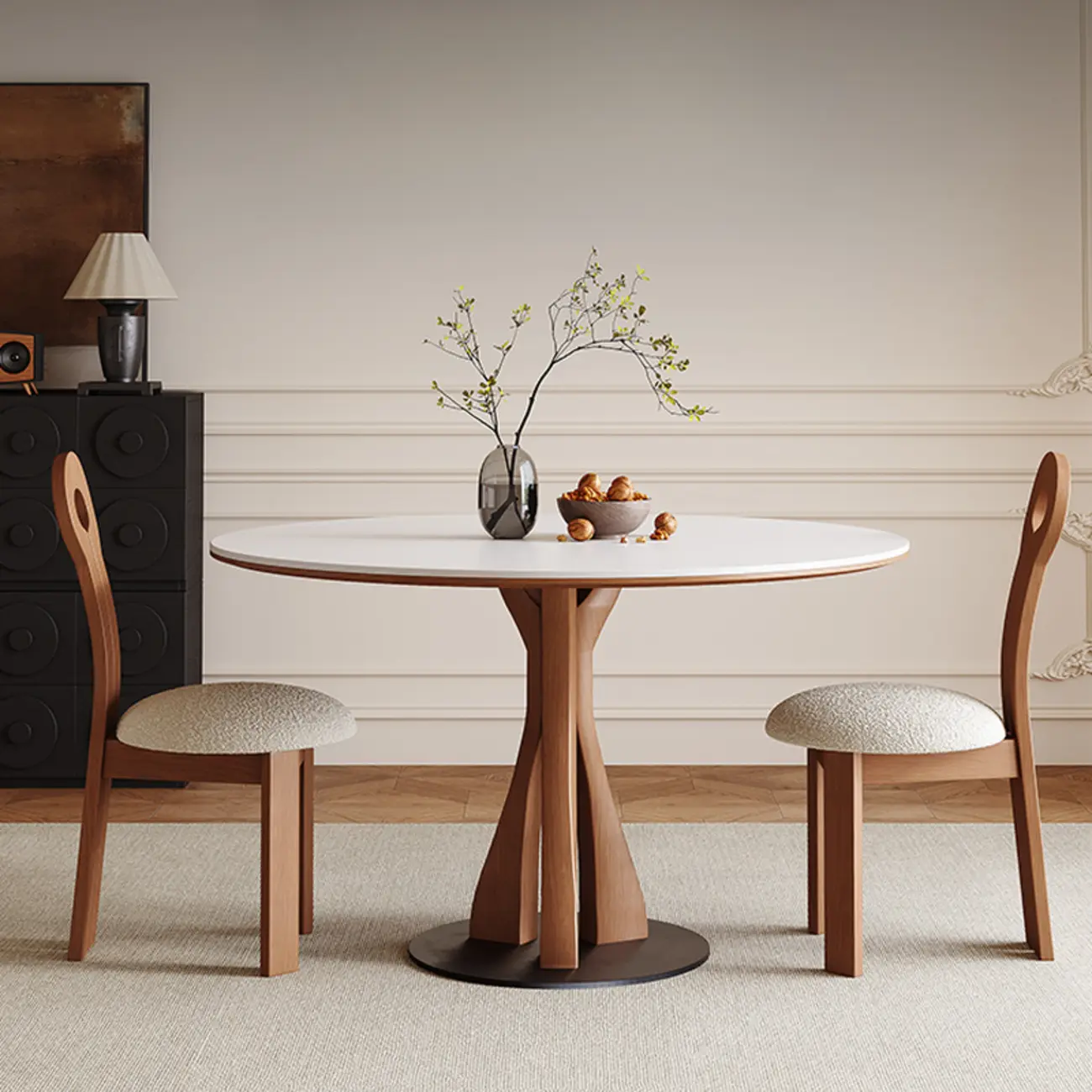 Mid-Century Modern White Stone Brown Wood Round Dining Table