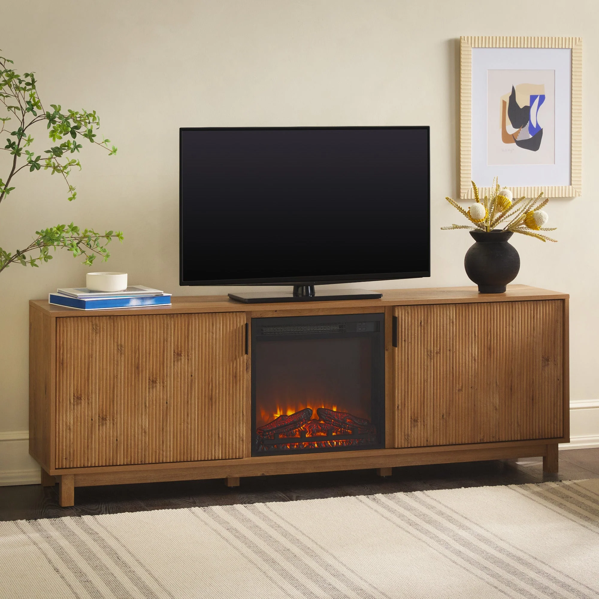 Reema Scandinavian 70 Modern Reeded TV Stand with Freestanding Electric Fireplace