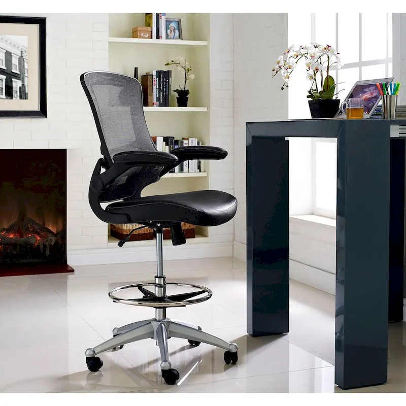 Black / Brown Mesh Drafting Stool with Flip-Up Arms, Single