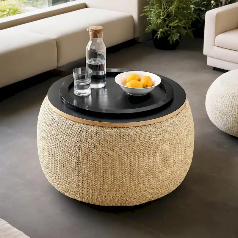 Round storage Ottoman, 3-in-1 features Ottoman coffee table, handmade end table