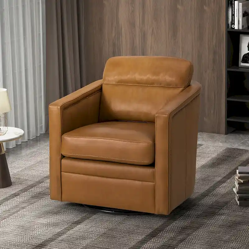 Camel / Navy / Chocolate / Turquoise / Brown / Black / Grey / Sage / Burgundy / Beige Genuine Leather Retro Swivel Chair with Arms - Single Use