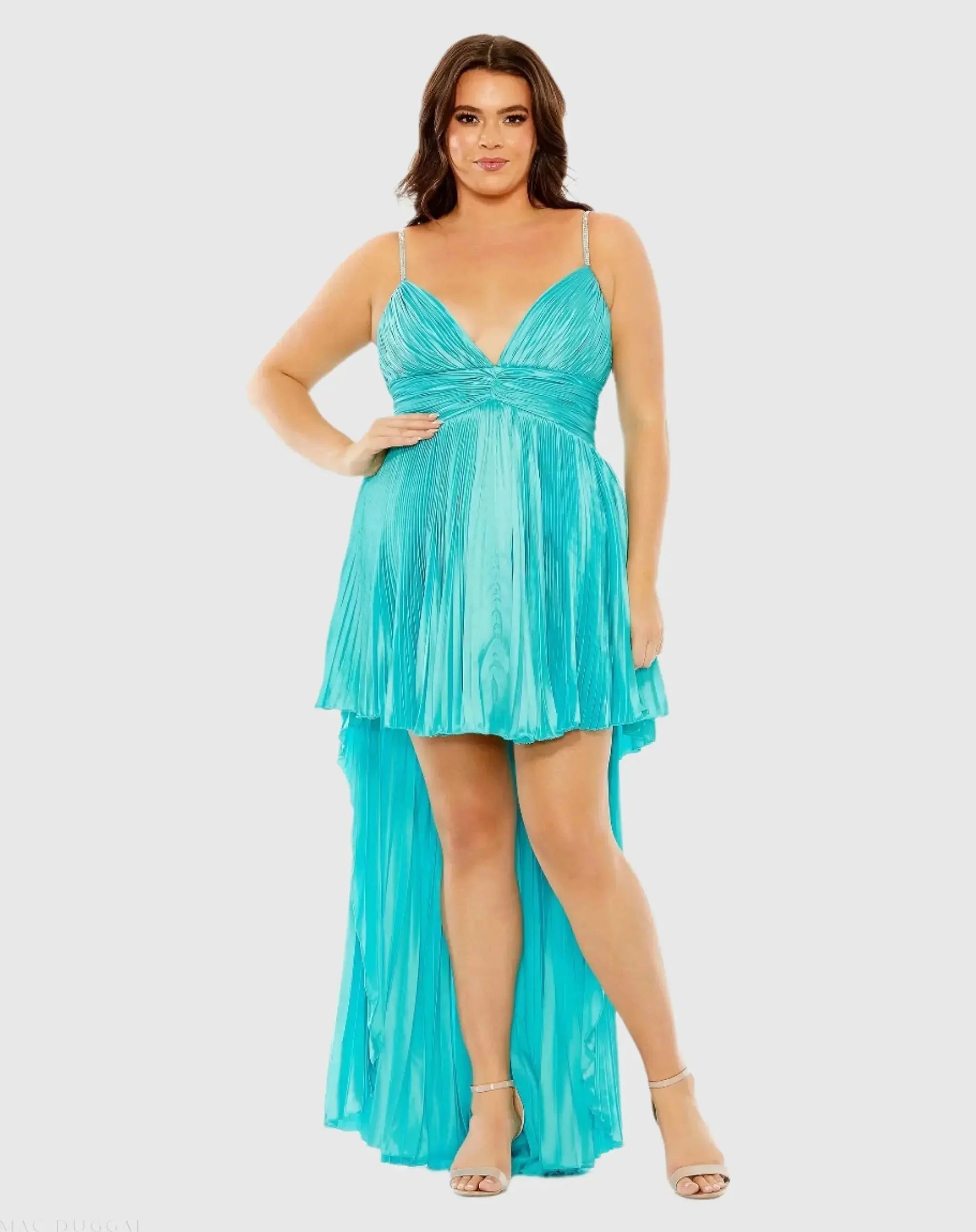 Blue Rhinestone High Low Pleated Gown - FINAL SALE
