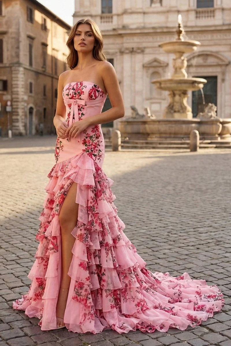 Pink Strapless Sheath Floral Chiffon Ruffles Long Formal Prom Dresses With Bow