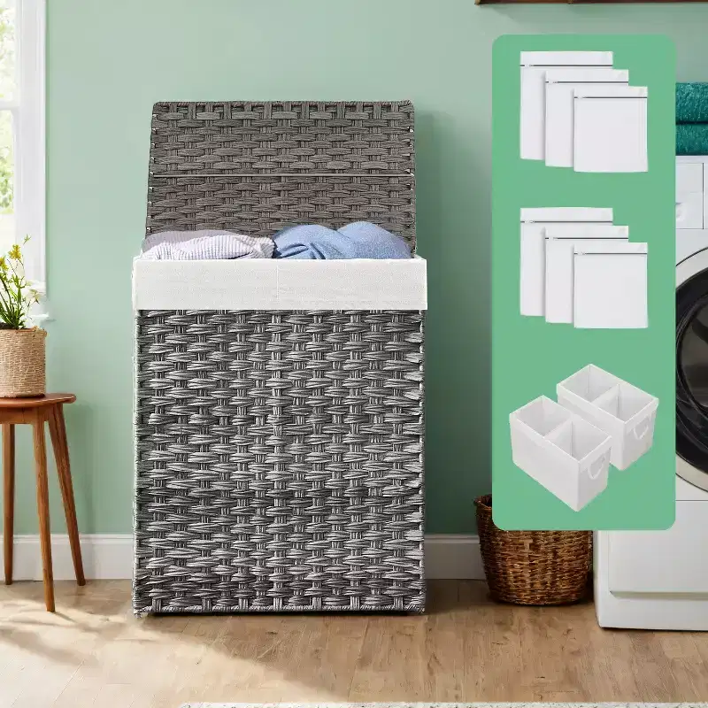 90L Laundry Hamper with Lid Laundry Clothes Hamper with 2 Removable Liner Bags Wicker Double Laundry Basket for Bathroom