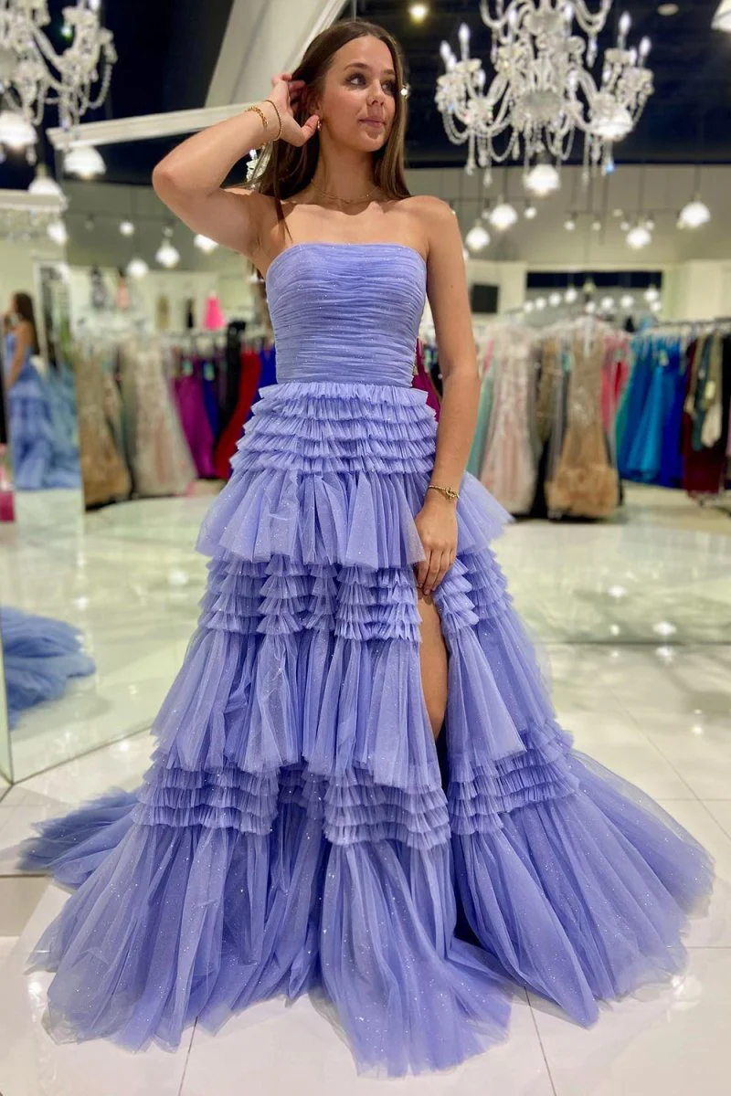 A-Line Strapless Tulle Long Prom Dress with Tiered Ruffles