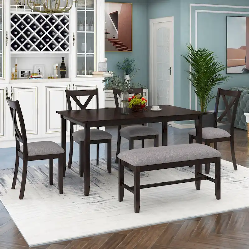 Nestfair 6-Piece Dining Table Set with 4 Fabric Chairs and Bench