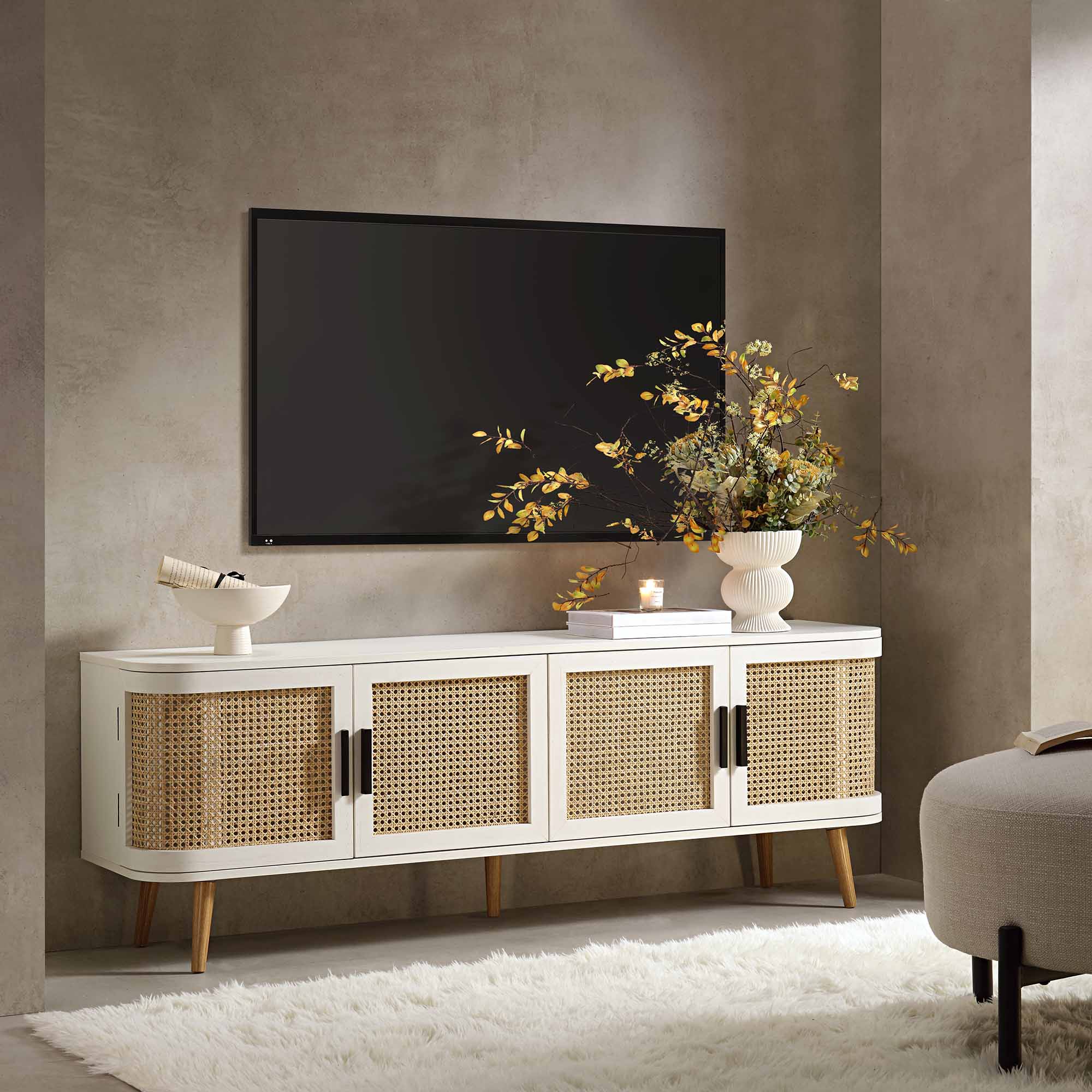 Curved Rattan 63 Wide TV Unit, White