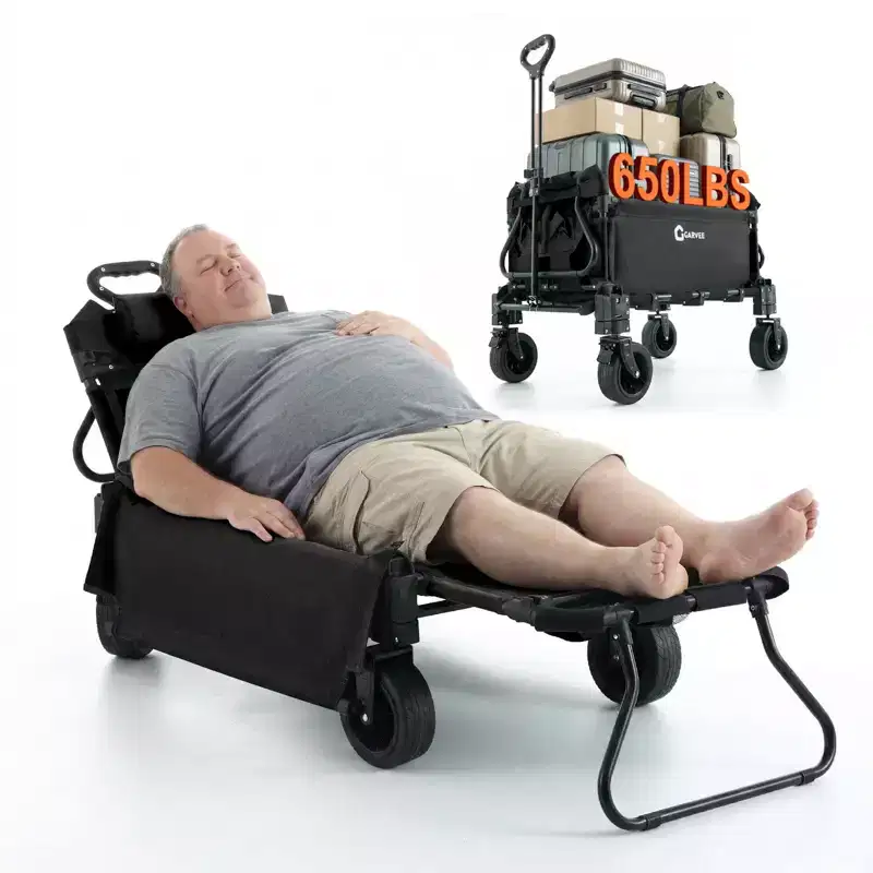 2-in-1 Folding Camping Wagon & Lounge Chair, Large Capacity Carbon Steel Utility Cart w/ 360 All-Terrain Wheels for Beach, Garden & Outdoor